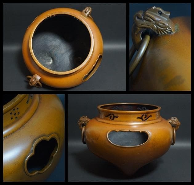 茶道具 大型朝鮮風炉 唐銅鬼面風炉 鉄釜 双龍耳 銅製蓋 総重さ7.9kｇ