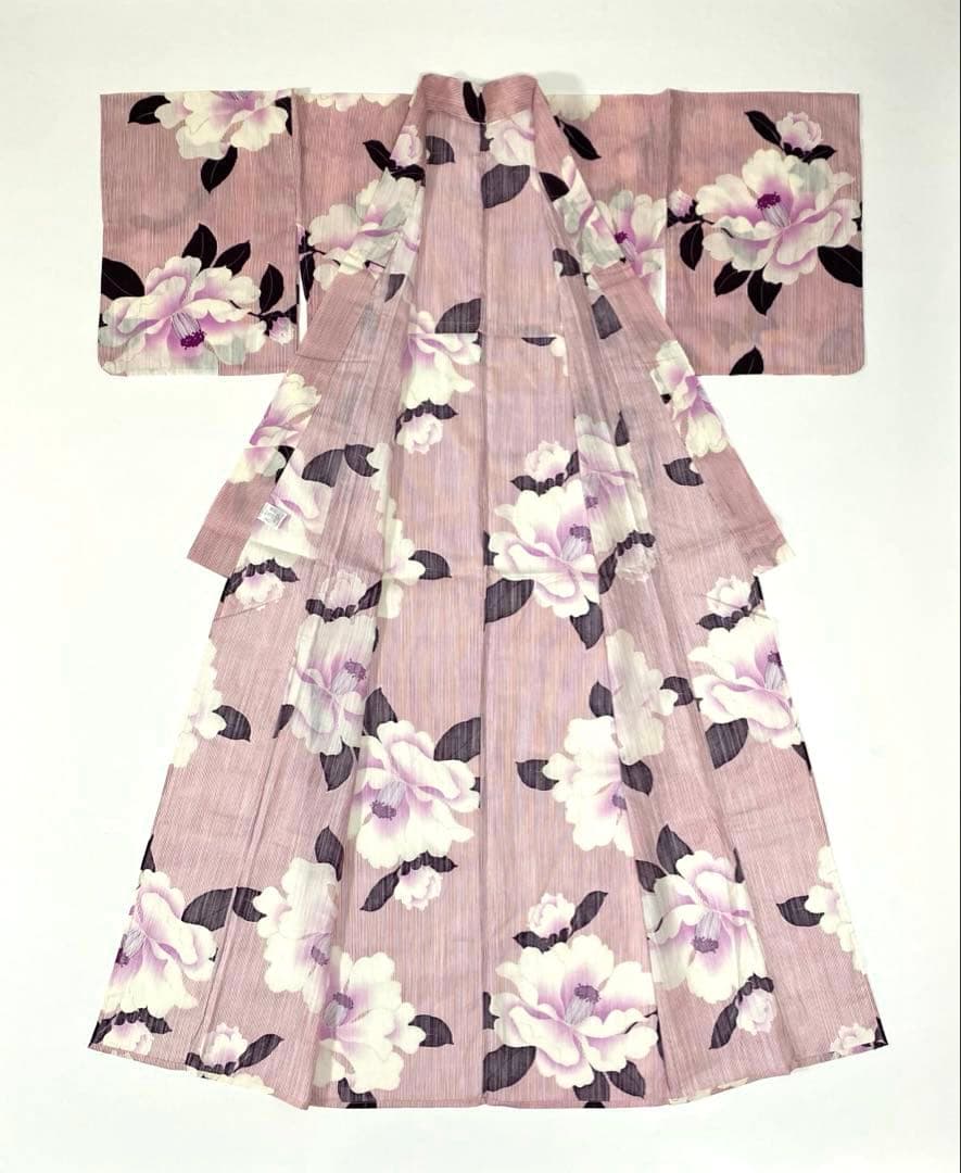 【浴衣5点セット】ボヌールセゾン　浴衣　半幅帯　飾り帯　かごバッグ　下駄　椿　縞