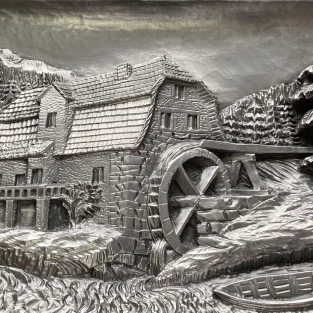 ドイツ 錫 金属 工芸品 彫刻 手作り 額装 レリーフ レトロ ヴィンテージ