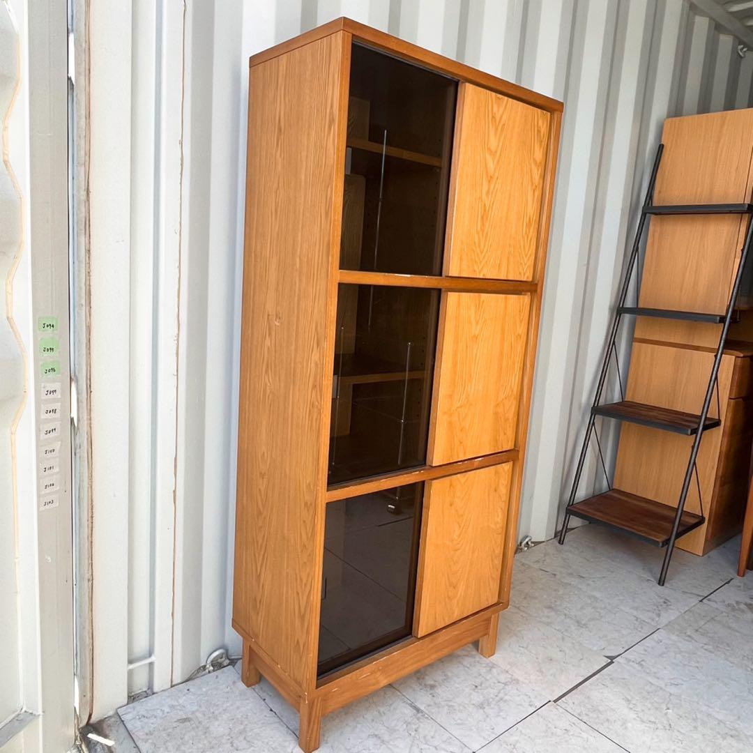 取付無料！フランフラン アコルド タモ材ブックシェルフ ブラックガラス戸付き本棚