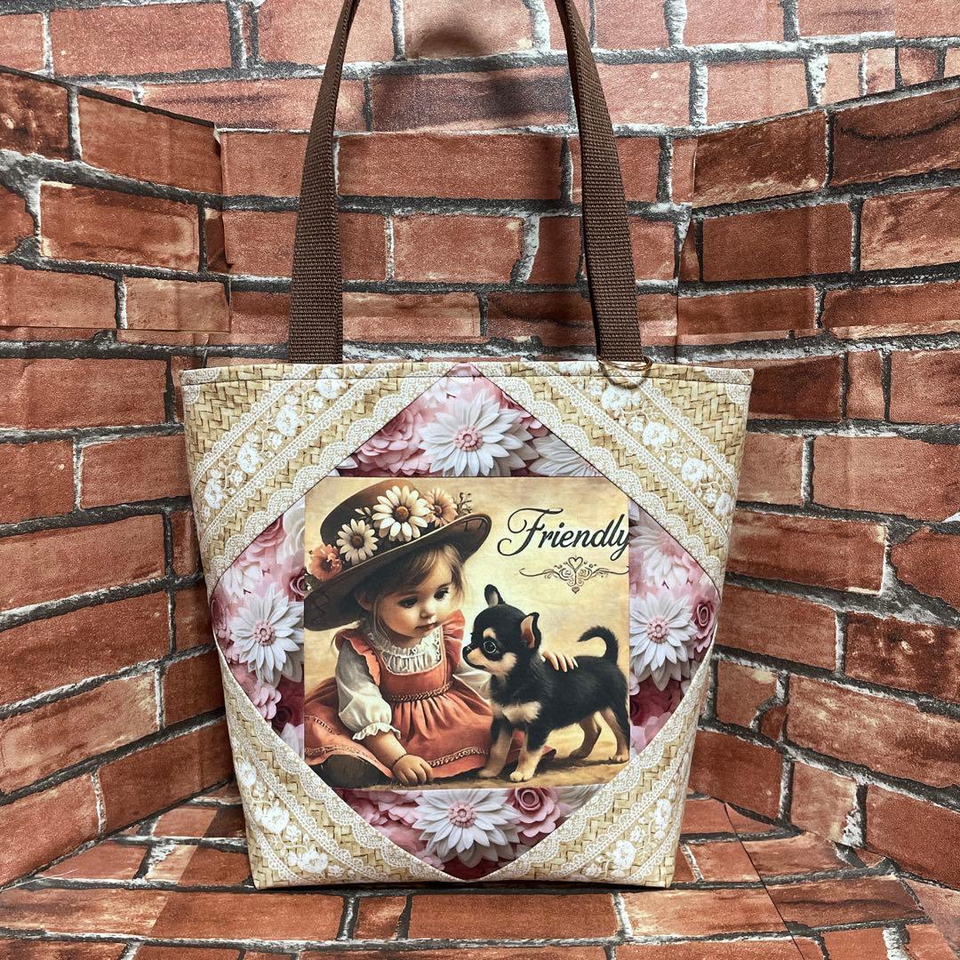 肩掛けバック　ランチバッグ　壁掛け小物入れ　チワワ　パネル生地