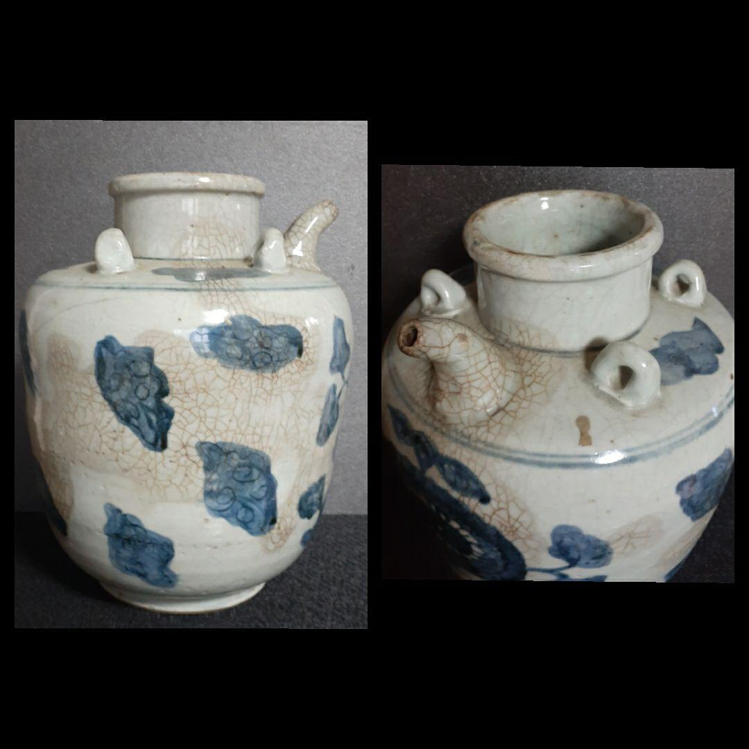 【本物保証❗️】中国古美術　中国古陶磁　古玩　明朝明代　青華　花図　注口付　大壺