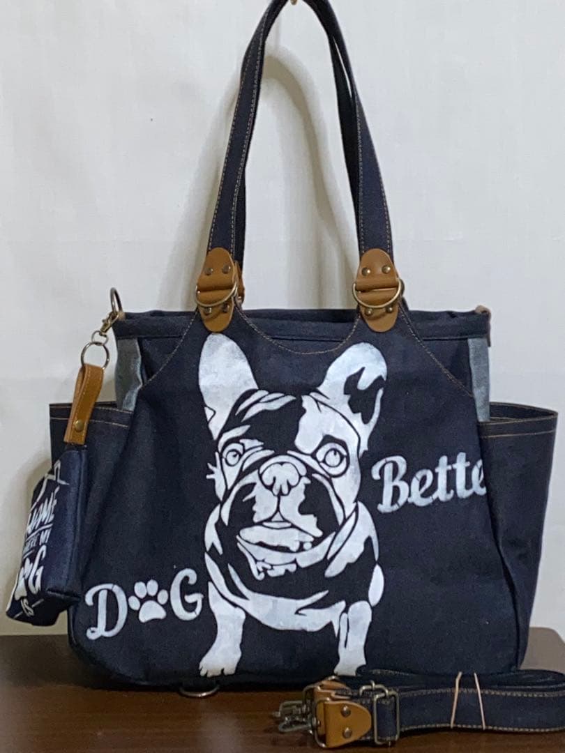 ☆岡山デニム☆フレンチブルドッグ☆特大ステンシル☆4wayあおりバッグ