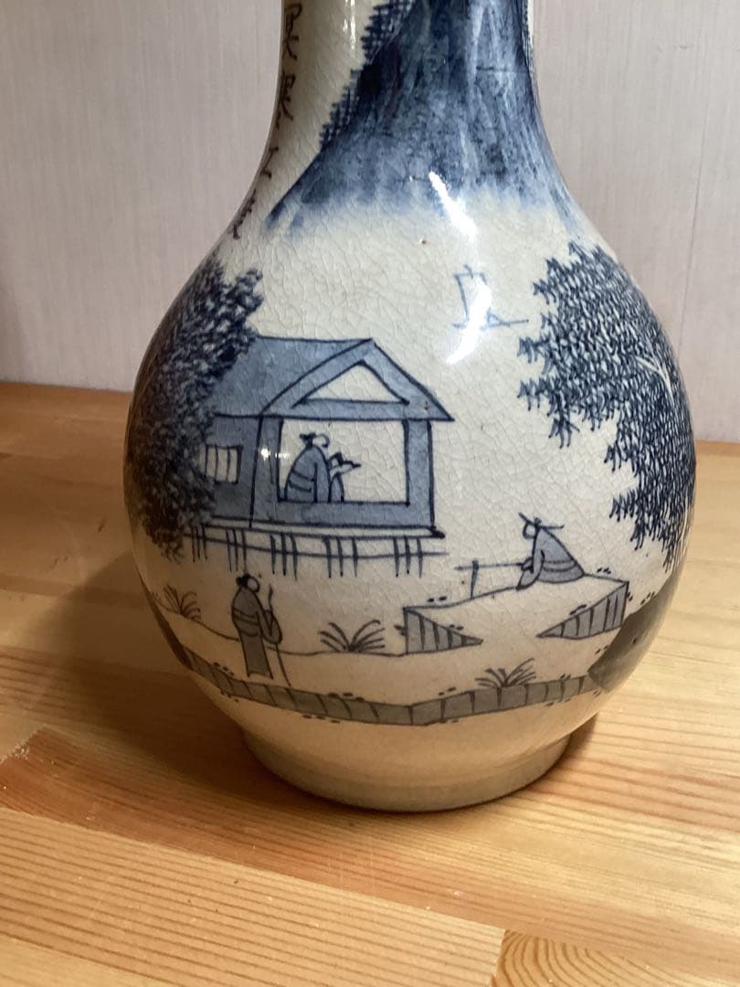 時代物　湖東焼　漢詩染付風景図　花瓶　古陶磁　高さ約20.5cm×幅約15cm