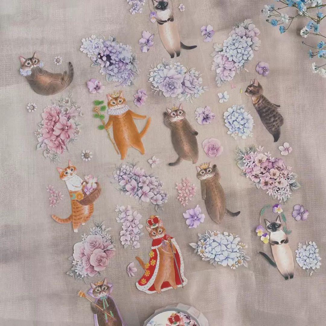 【9465】海外　マステ　4.5/巻　PETマスキングテープ　猫　お花　動物系