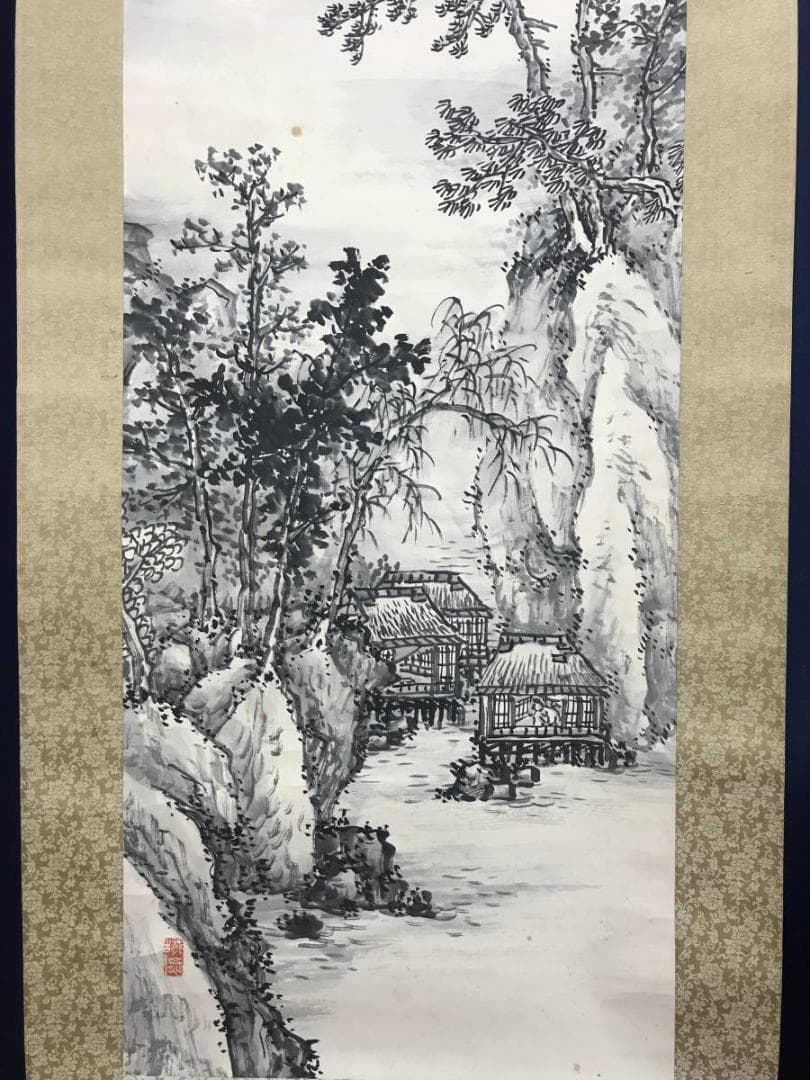 【真作】佐竹永陵/秋崖渓居/山水図/掛軸/名家伝来/AD-940