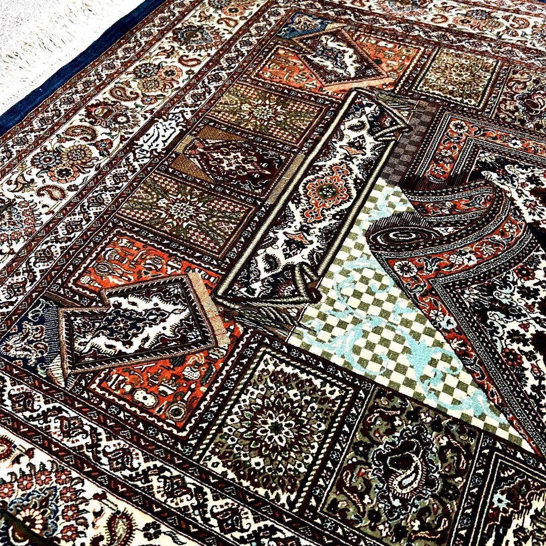 【ペルシャ絨毯】最高級 ジャムシディ クム産 シルク 本物 手織り 高密度 青色