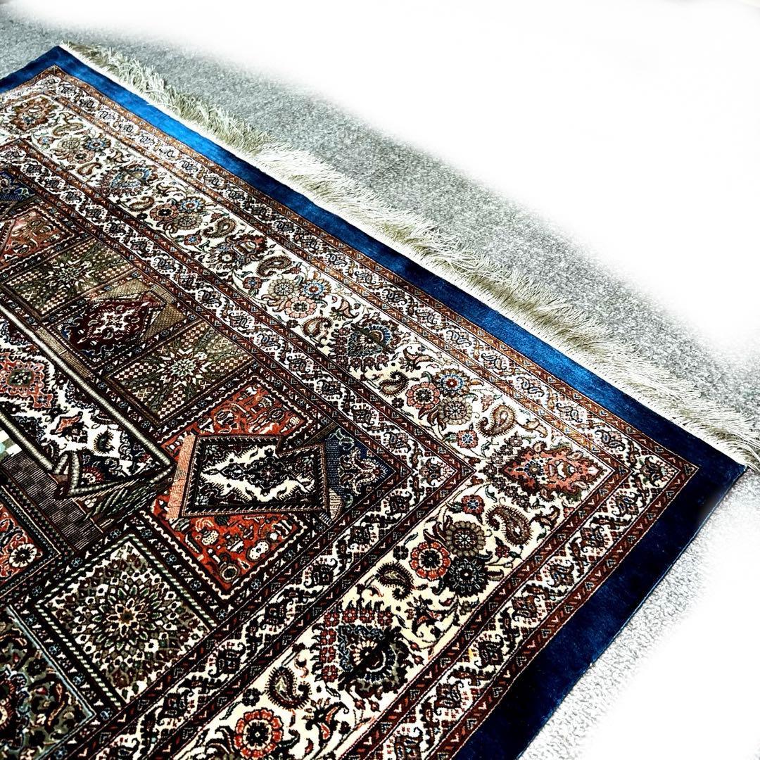 【ペルシャ絨毯】最高級 ジャムシディ クム産 シルク 本物 手織り 高密度 青色