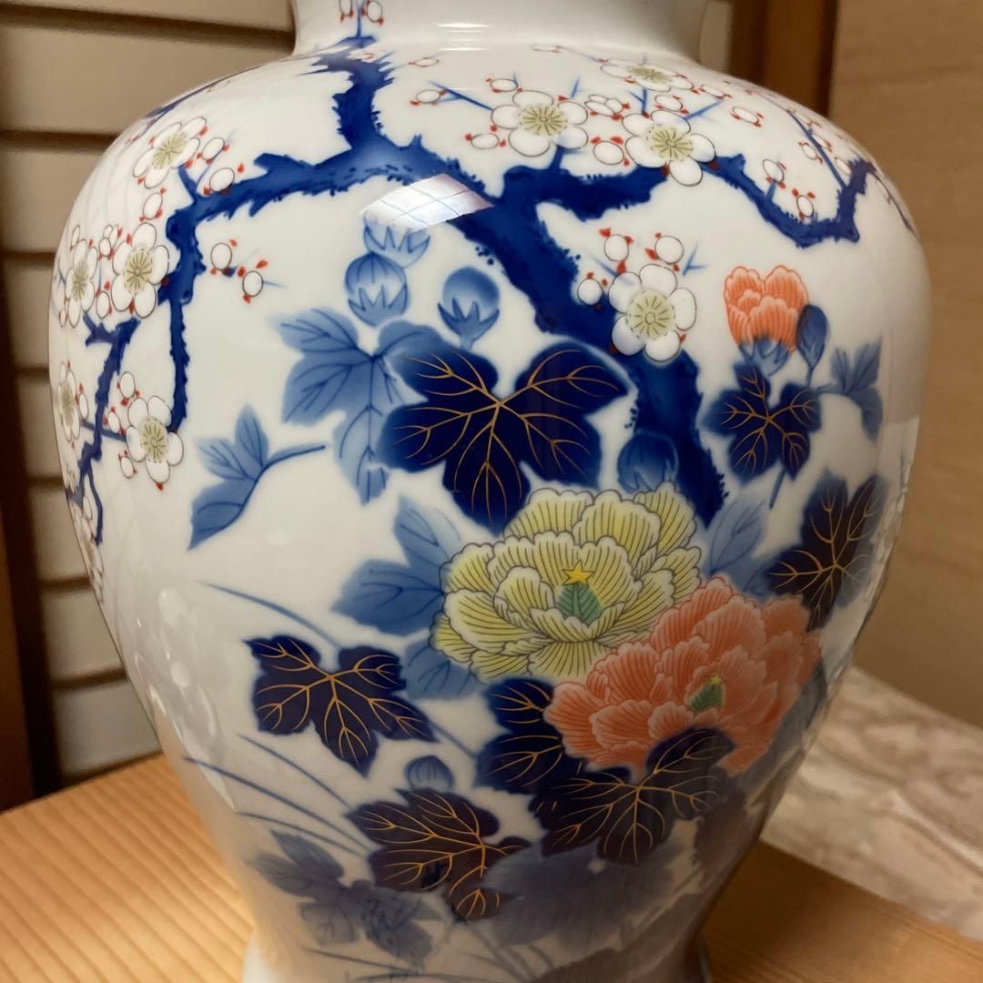 美術有田焼　宮内庁御用達　深川製　花柄陶器花瓶 青白