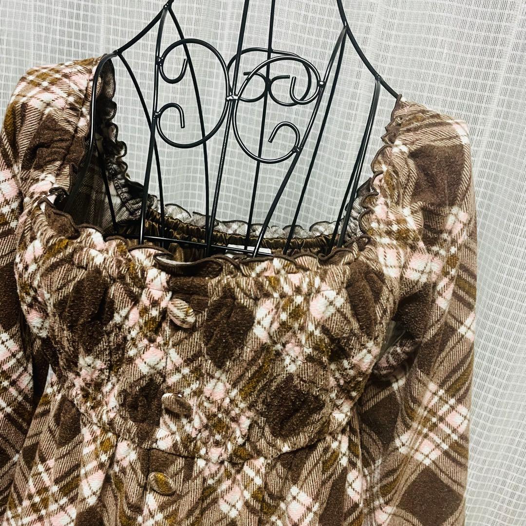 00s 希少　LIZLISA✨（リズリサ）茶色チェック オフショルワンピース