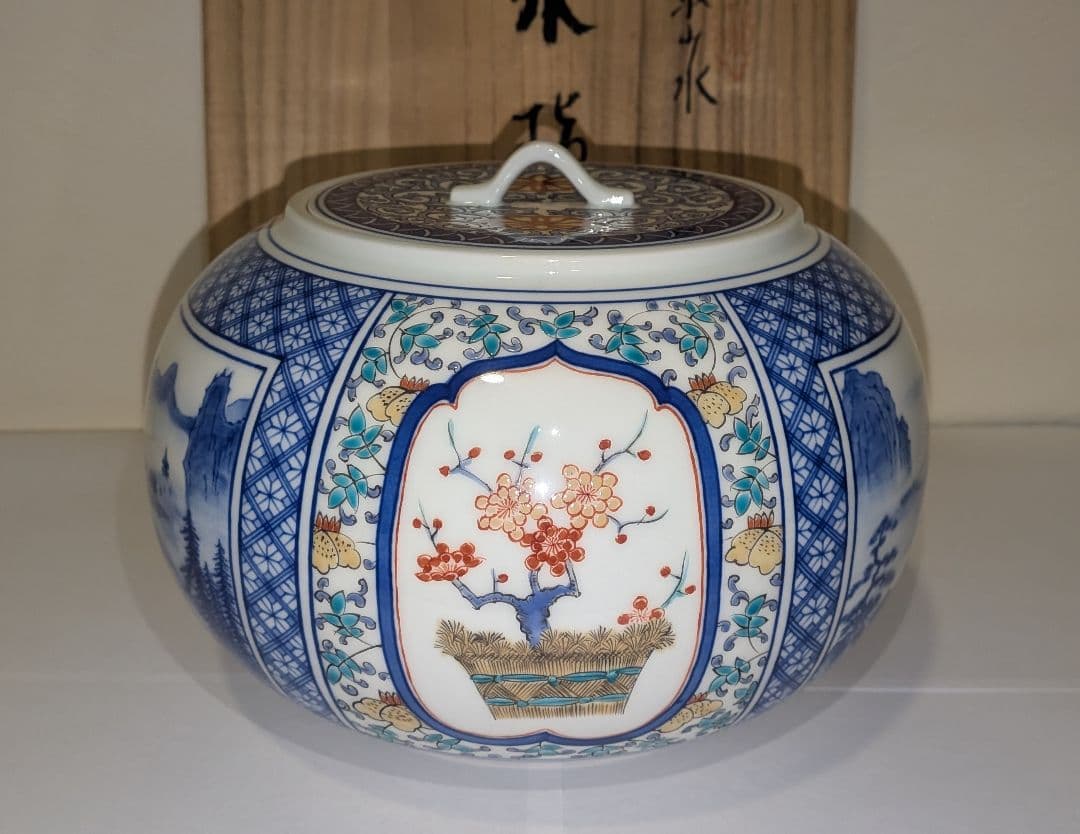 『館林貞夫』古琳庵窯　間取山水　水指　茶道具　共箱共布栞略歴　色絵　柿右衛門様式