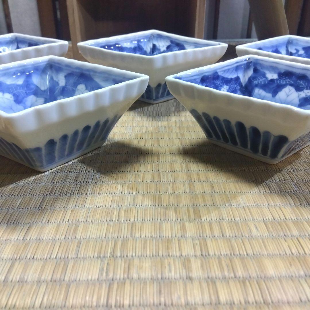 古伊万里　染付輪花菱形向付５客　お店使い　会席　美品　箱入
