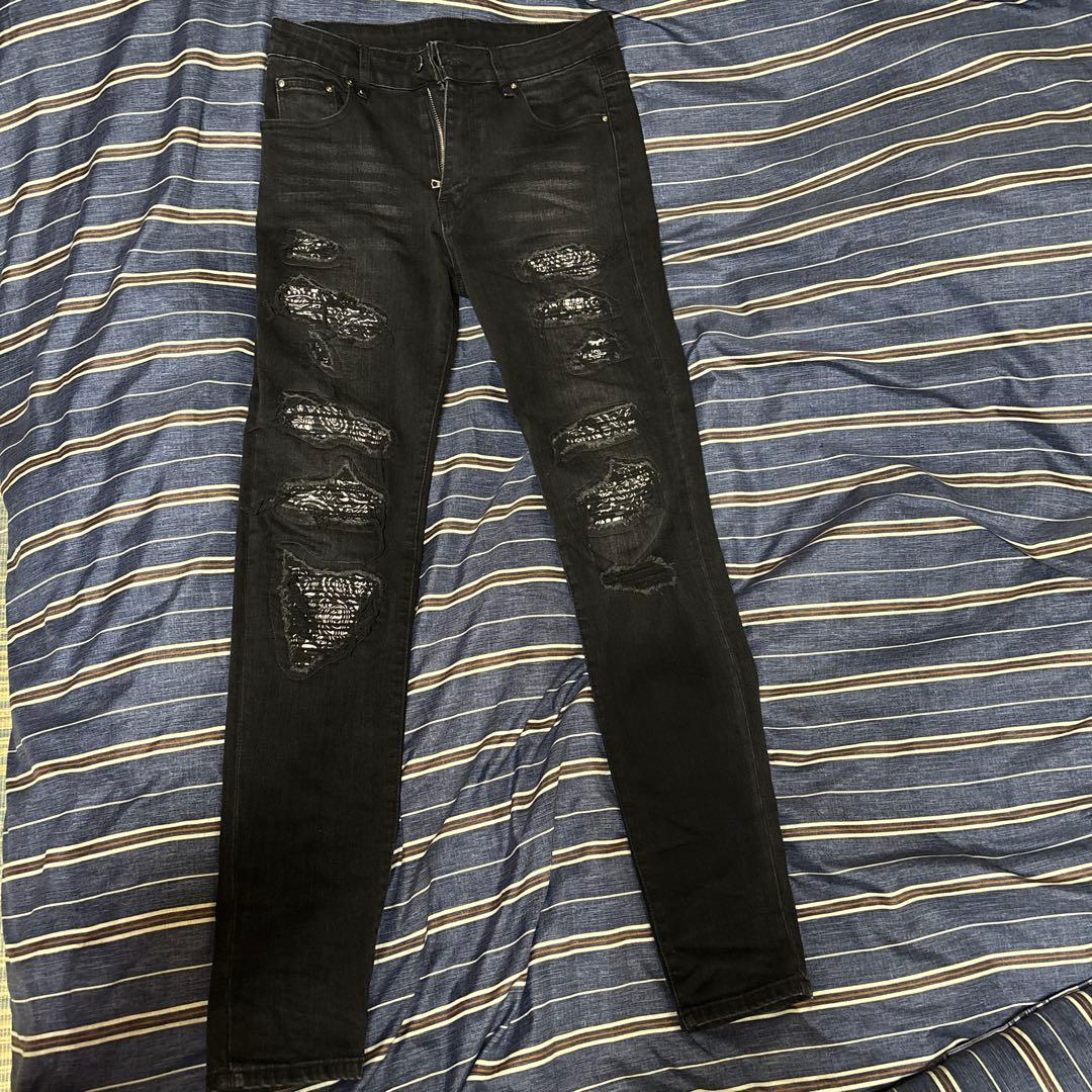 US UK drip HIPHOP スリムフィットダメージジーンズ 黒