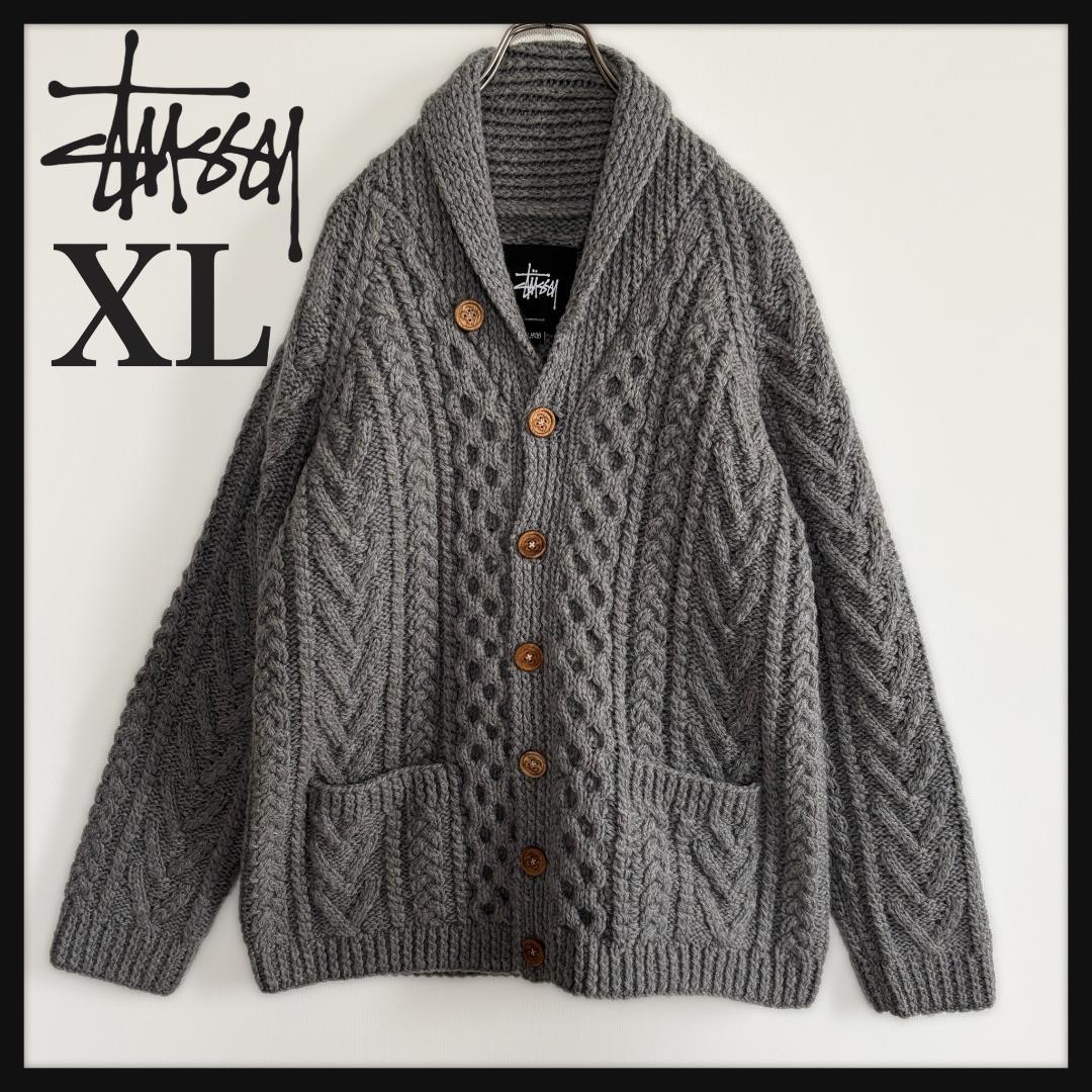 【超人気・極美品】ステューシー/ケーブルニット/厚手/ボタンロゴ/タブロゴ/XL