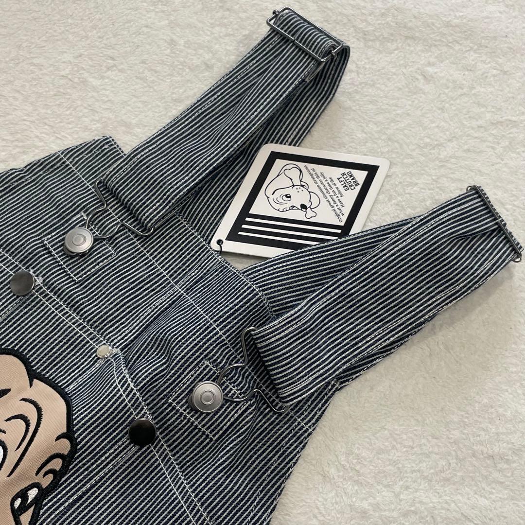 GALFY　石ちゃんオーバーオール　デニム　ワッペン　ストライプ　犬　タグ付き