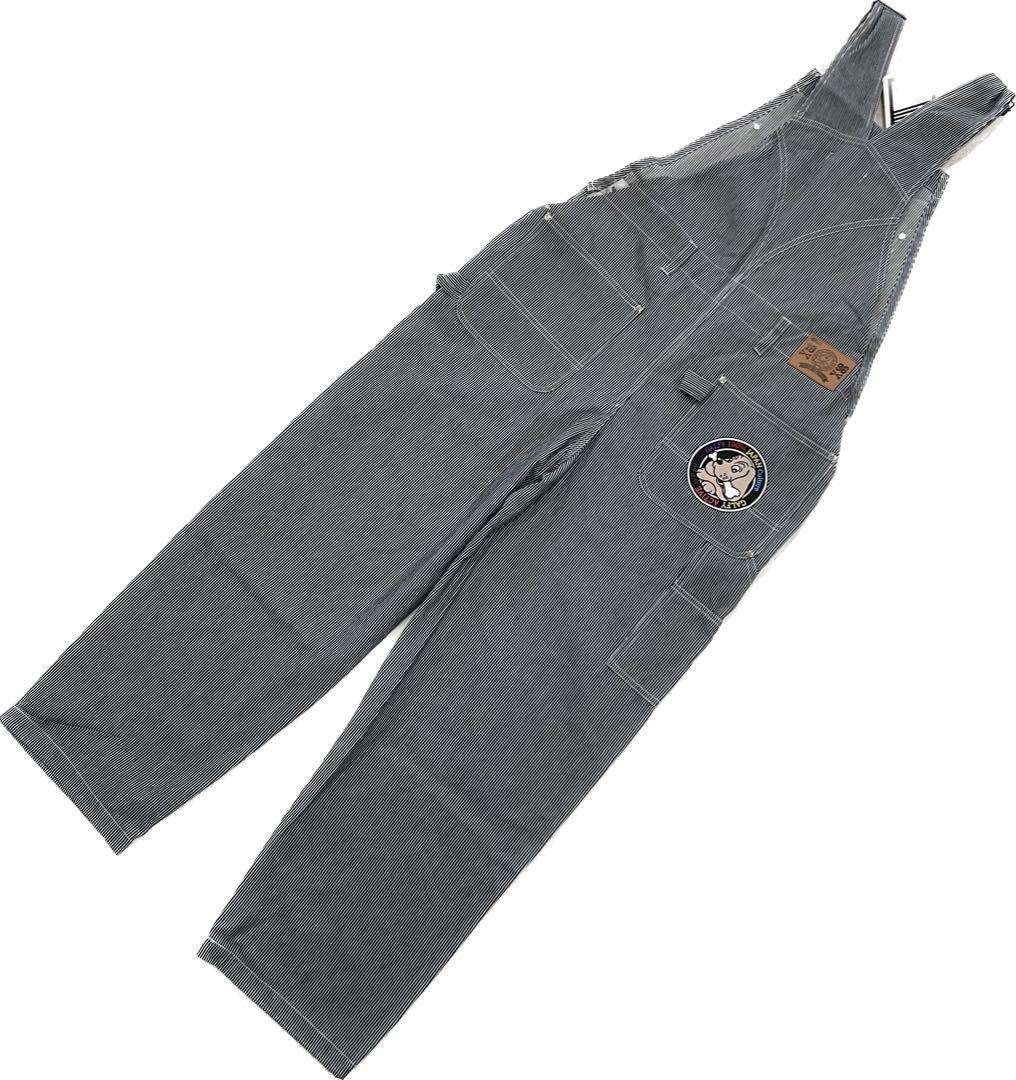 GALFY　石ちゃんオーバーオール　デニム　ワッペン　ストライプ　犬　タグ付き