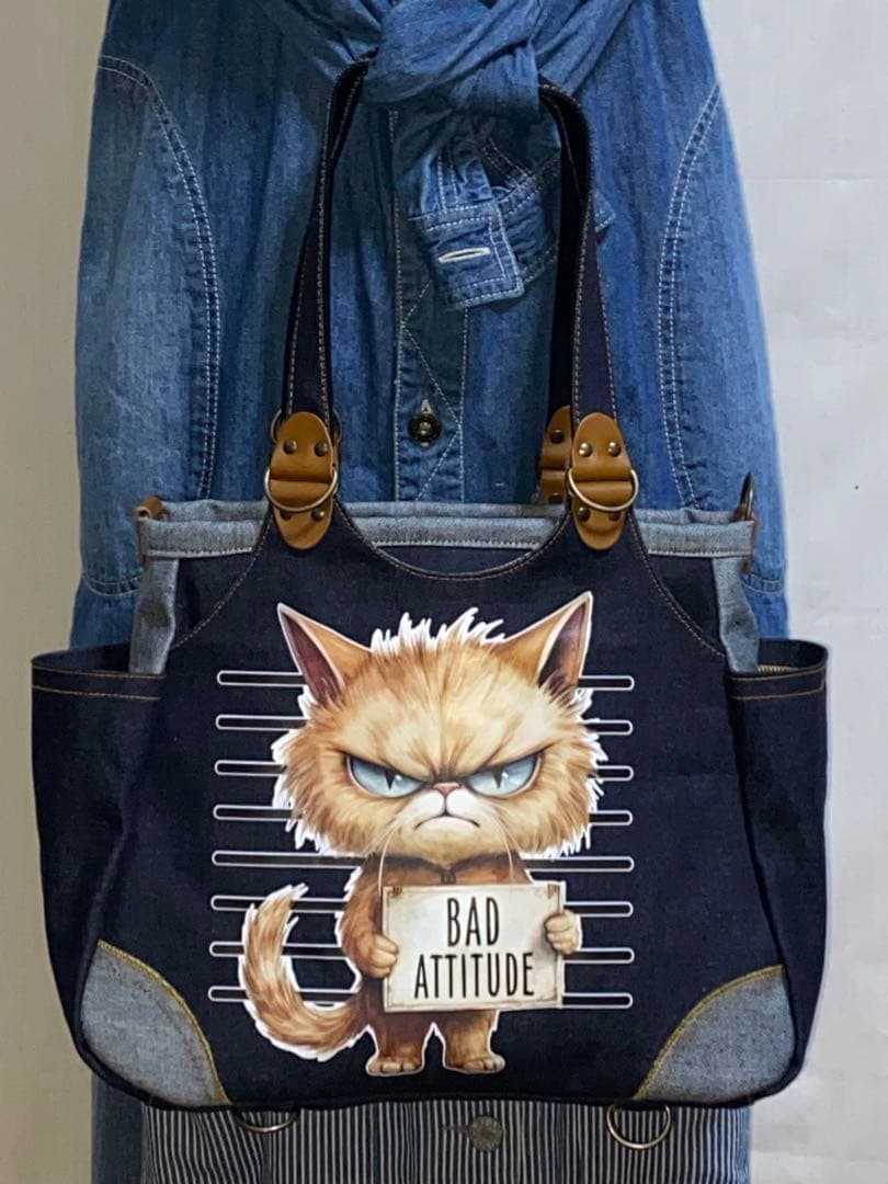 ☆岡山デニム☆悪ネコ☆トラ猫☆両面リュック対応☆4wayあおりバッグ