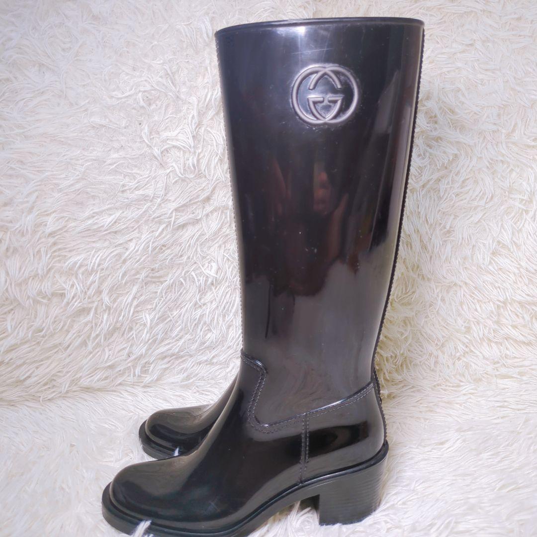 グッチ GUCCI レインブーツ 長靴 ブラック チャンキーヒール サイズ 37