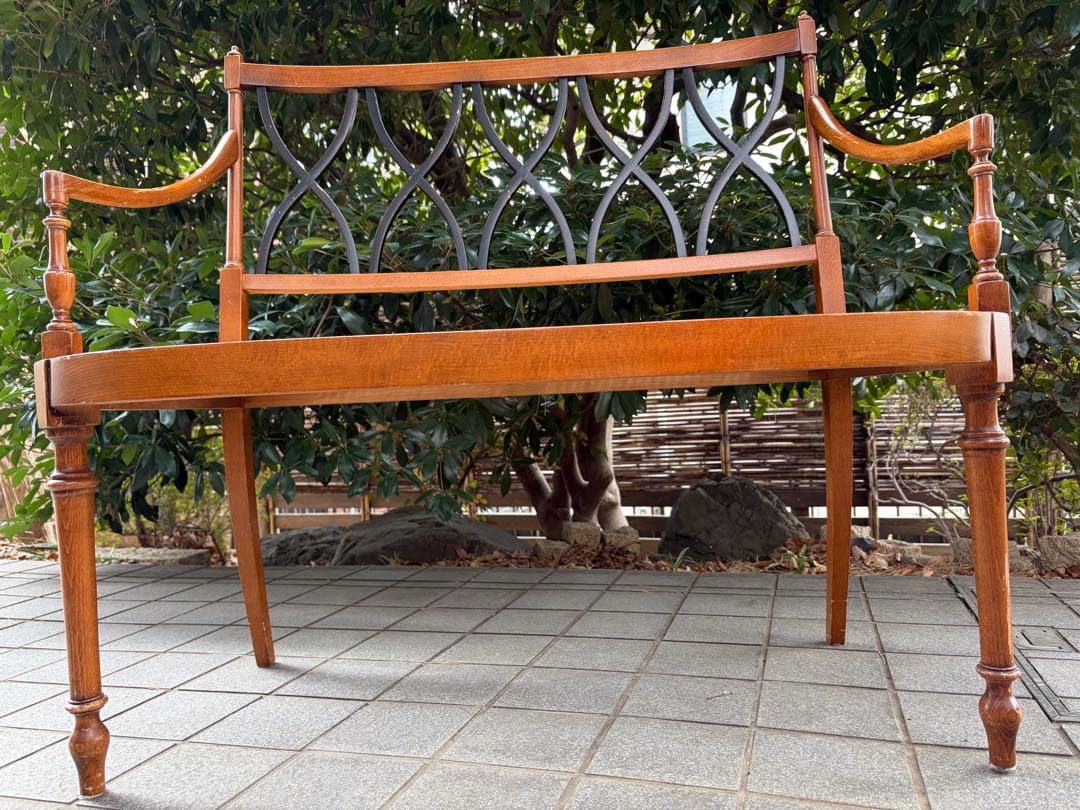 アンティーク 木製ラタンベンチ 2人掛け アールデコ アームチェア 椅子