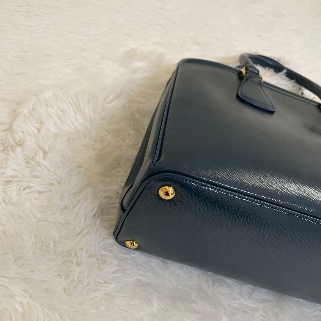 極美品 PRADA ガレリア サフィアーノ ハンドバッグ ブルー 三角ロゴ