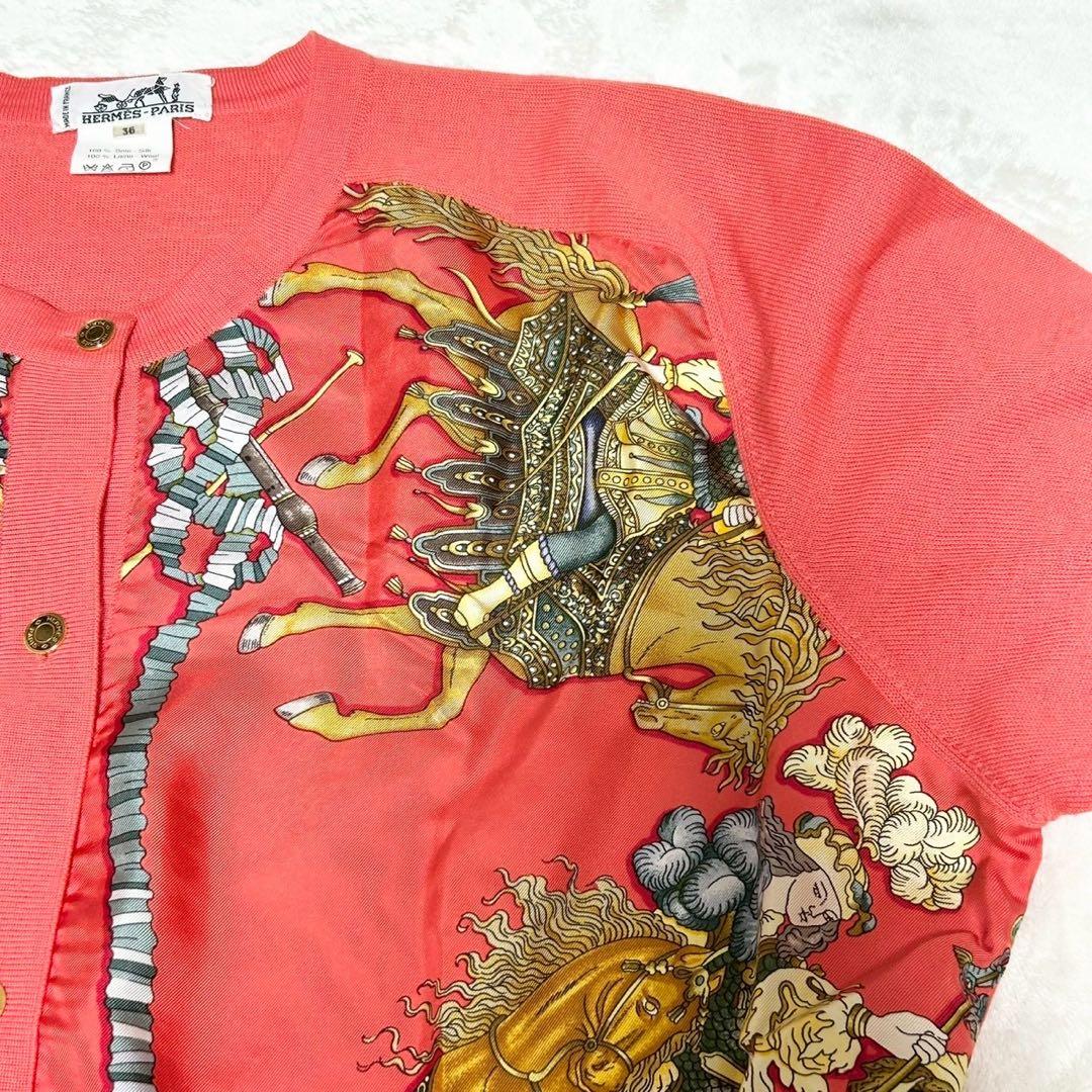 ★美品★エルメス　カーディガン　スカーフ柄　カレ　シルク　金ボタン　セリエボタン