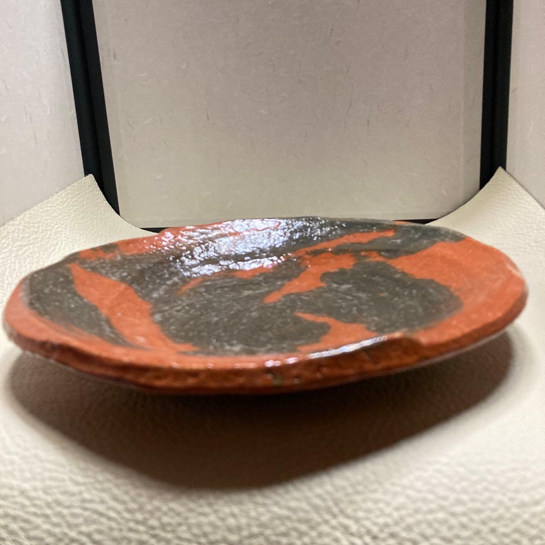 3代　中村道年　「赤楽丸皿」押印　道年尼極箱　高3.8x径22.5cm ￼八事窯