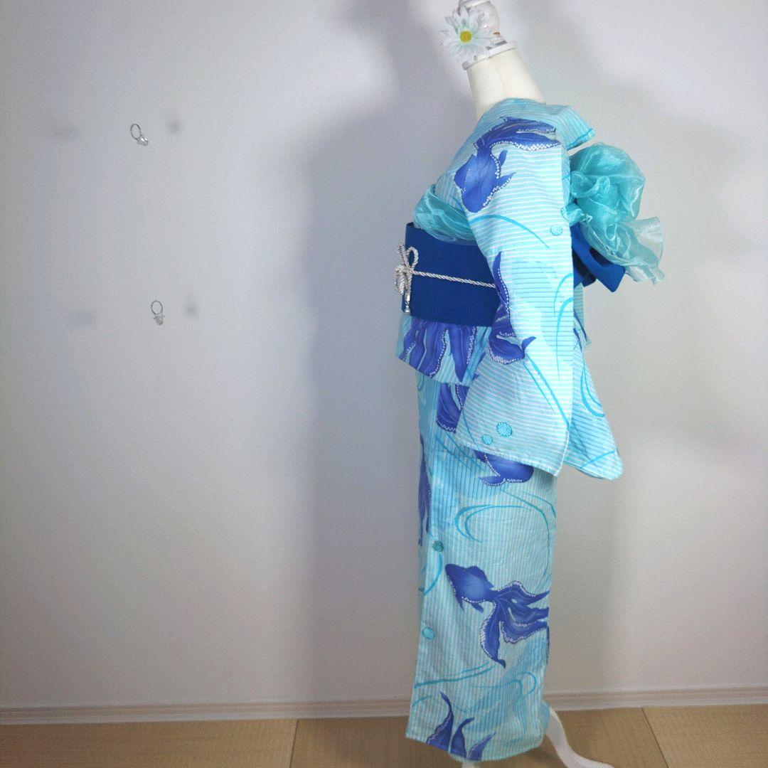 レディース　浴衣　セット　身丈162cm　金魚　水色　ラメ　兵児帯　半幅帯　青