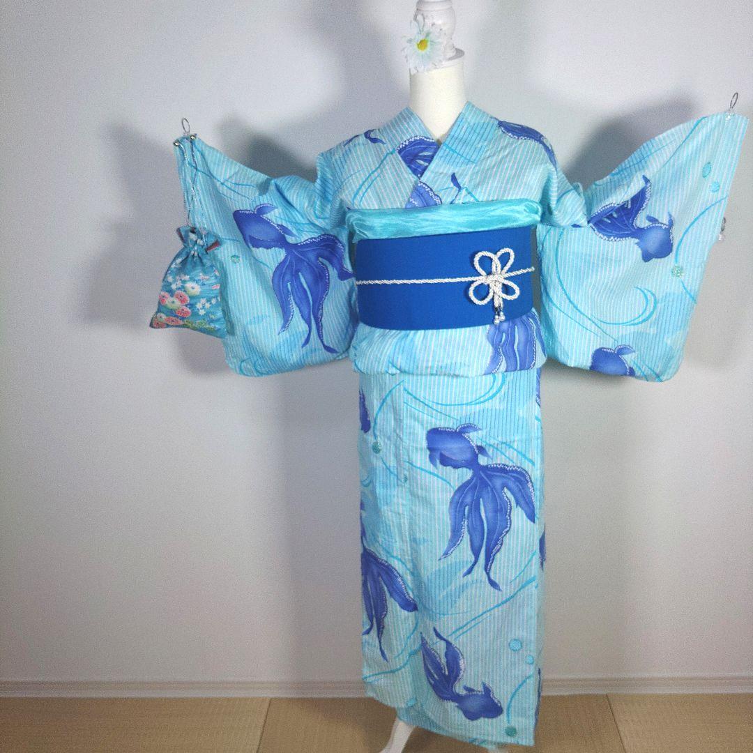 レディース　浴衣　セット　身丈162cm　金魚　水色　ラメ　兵児帯　半幅帯　青