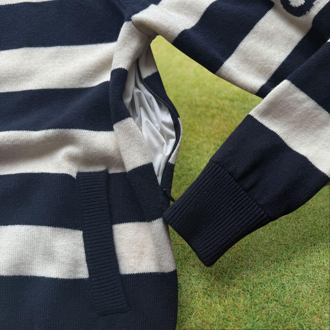 防寒　蓄熱　裏地付き　パーリーゲイツ　ニット　L〜XL相当　紺　白　ボーダー　5