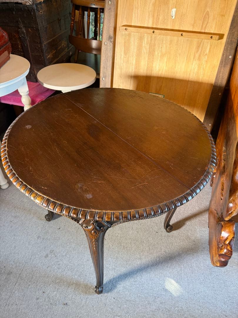アンティーク 彫刻サロンテーブル 補強安定仕様 ロココ猫脚 直径90cm レトロ