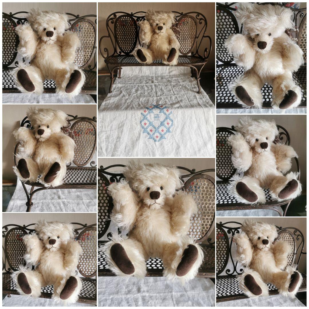 人形作家様ハンドメイド✃ヴィンテージ 毛足の長いテディベア 長髪モヘア金糸リボン