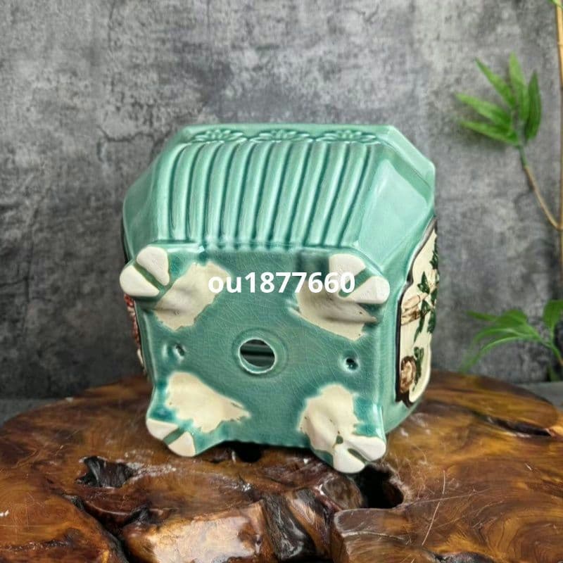 四方緑氷割れ手彩浮彫鉢 盆栽鉢 青磁鉢 多肉植物 植木鉢 小品大品盆栽鉢 置物