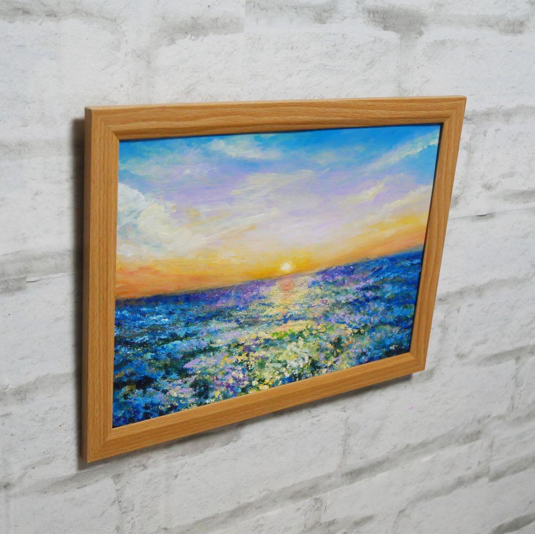 油絵 油彩 油彩画 絵 絵画【夕日に輝くネモフィラ】