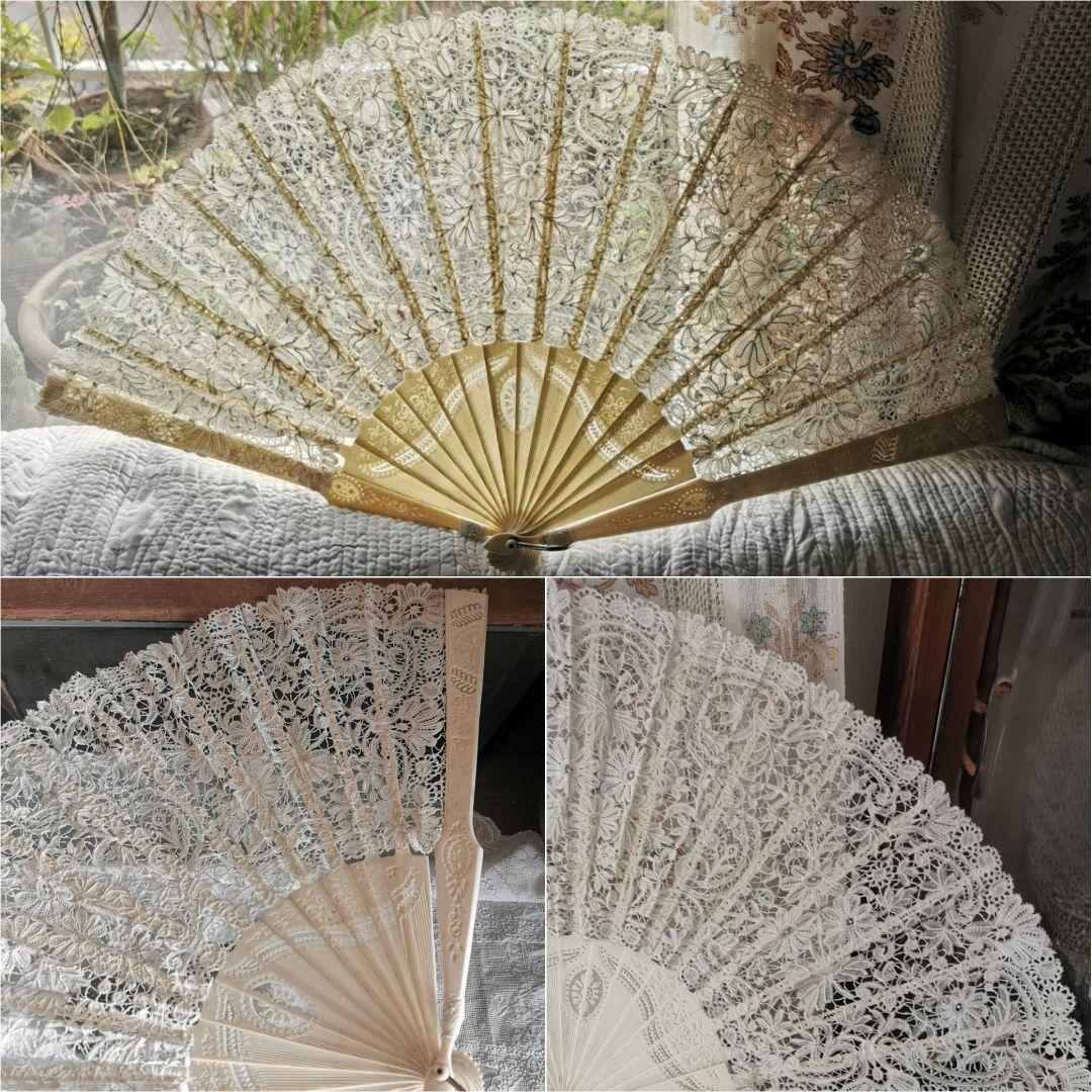 アンティークブリュッセルボビンレーファン 繊細透かしスティック 美しいトーン