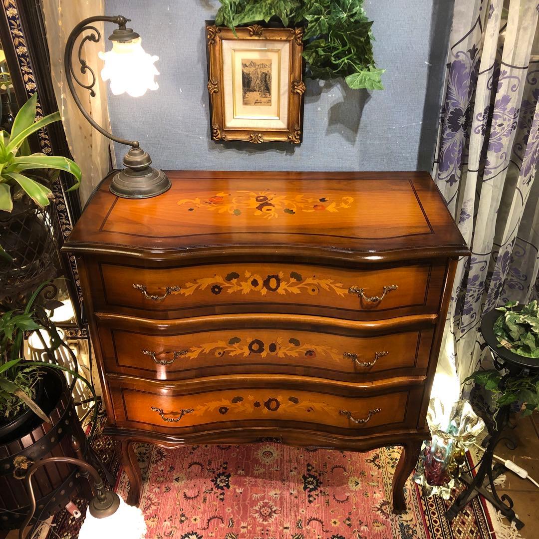 最終価格　イタリアン アンティークPT 象嵌　猫脚　３段DRキャビネット