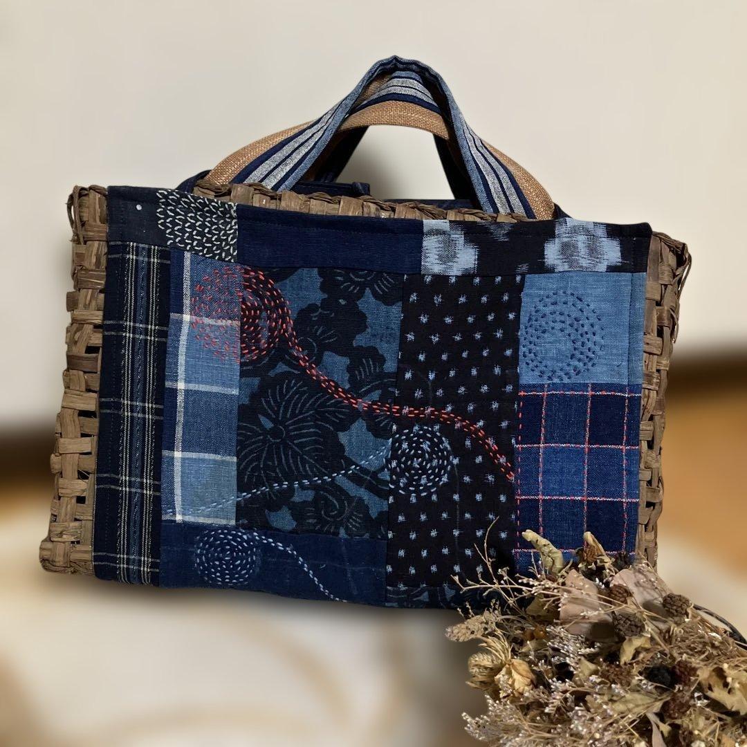 山葡萄国産かごバック腰籠ハケゴ擦れ防止布刺し子藍染め古布手提げ