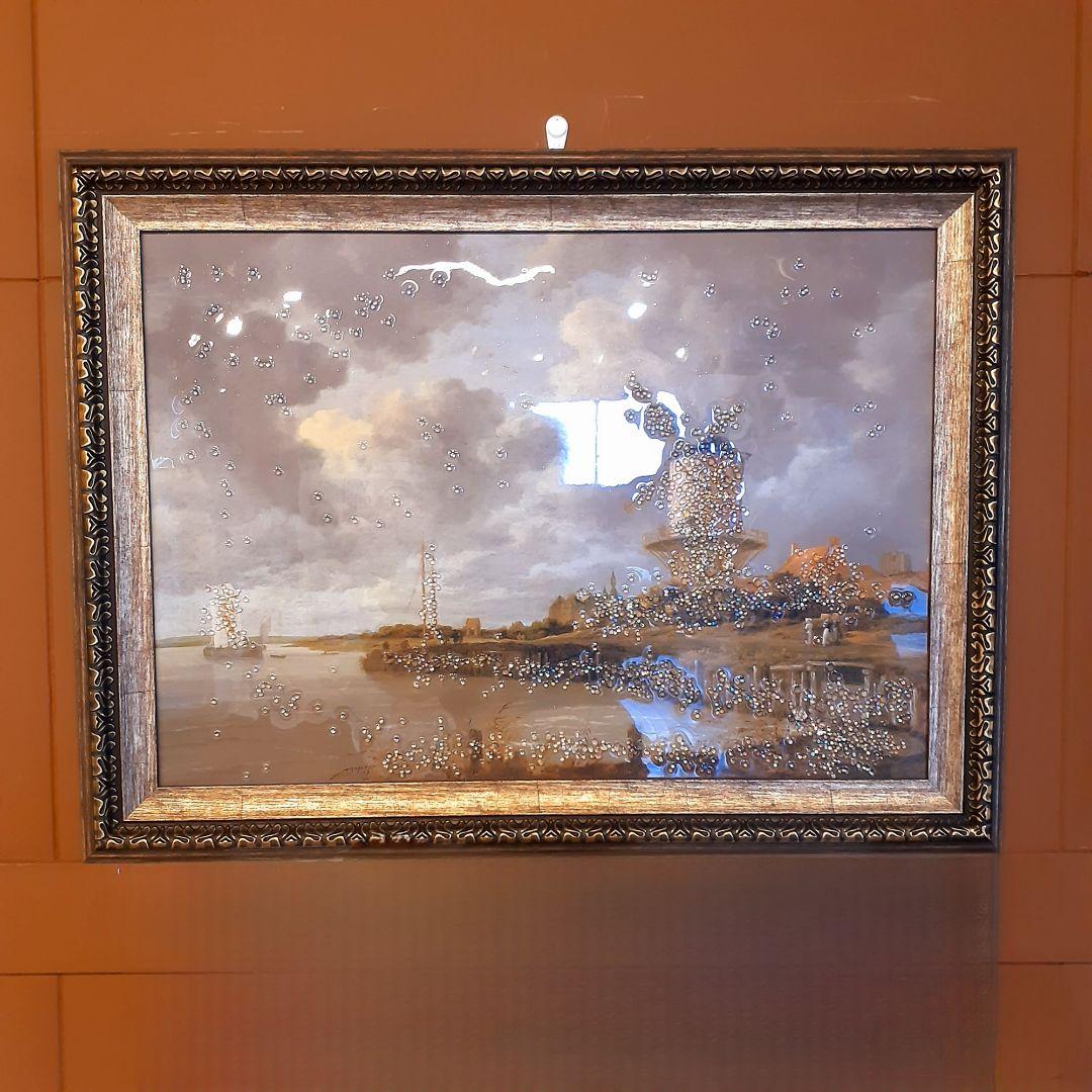 輸入雑貨　天然石　フェルメール作　『デルフトの眺望 』　水晶絵　クリスタルアート