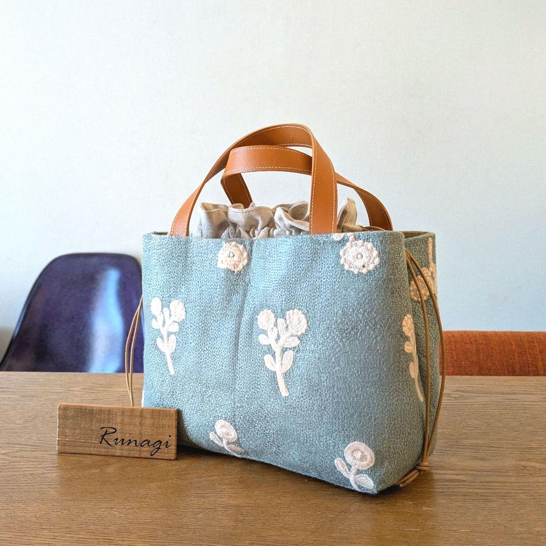 【sale】あおりポケットの巾着バッグ＊ミナペルホネン bonheur