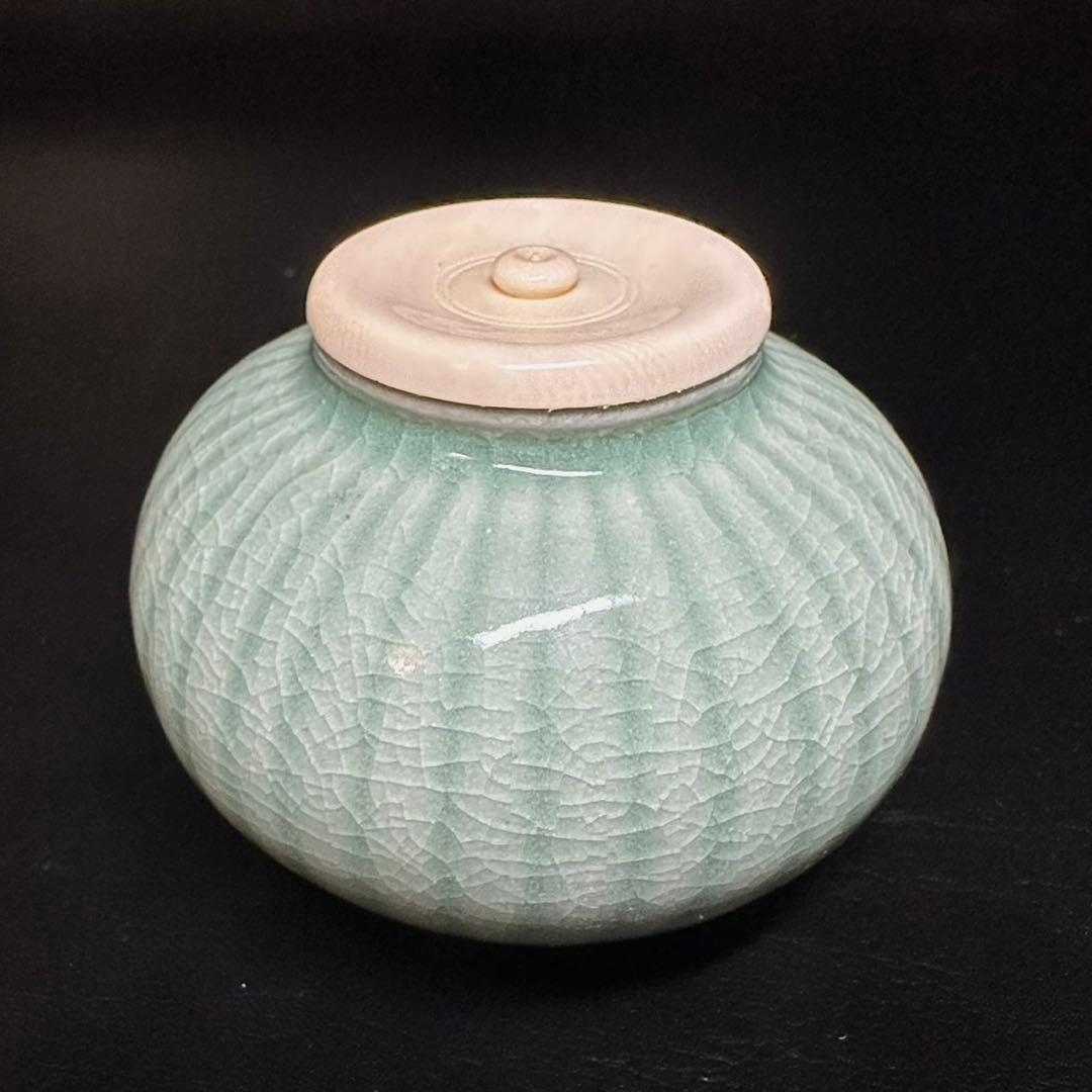 ★茶道具！高麗青磁 茶入(替蓋付)！韓国人間国宝『申 相浩』造！共箱/仕覆付！★