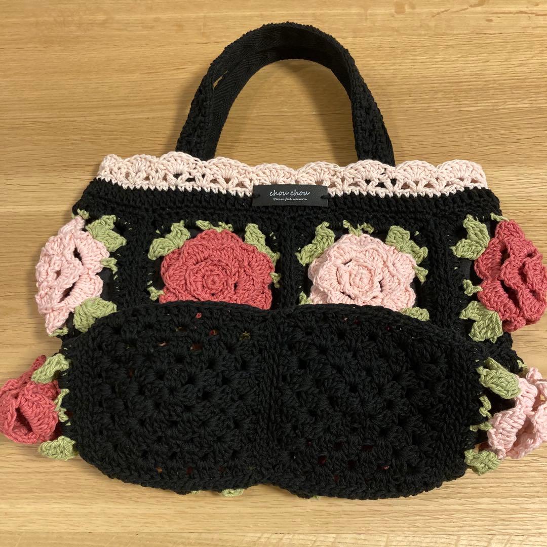 〈user_c7d7d101〉3点 黒 ピンクバラモチーフトートバッグ