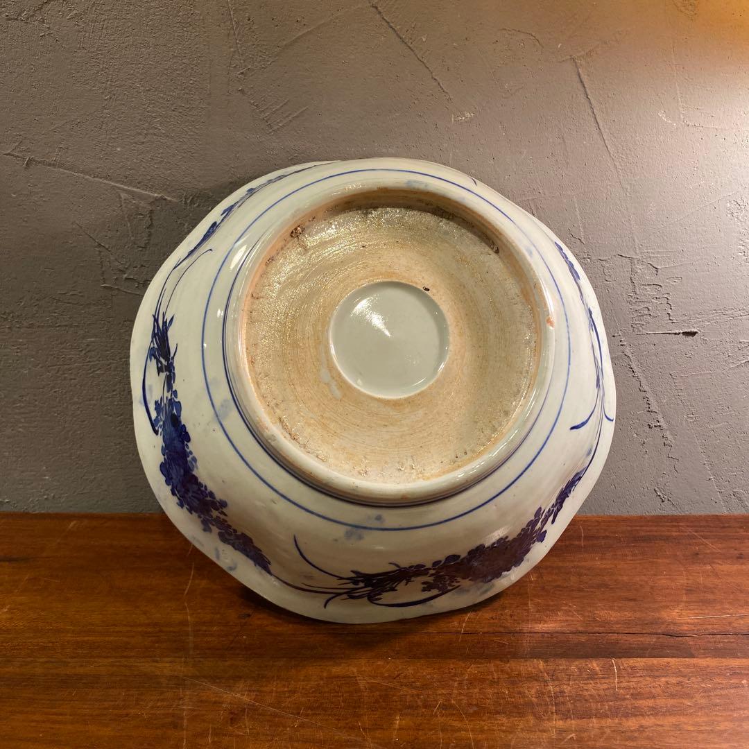 骨董品 大鉢 江戸 明治 蛇目高台 染め付け 印判 皿 時代物 アンティーク