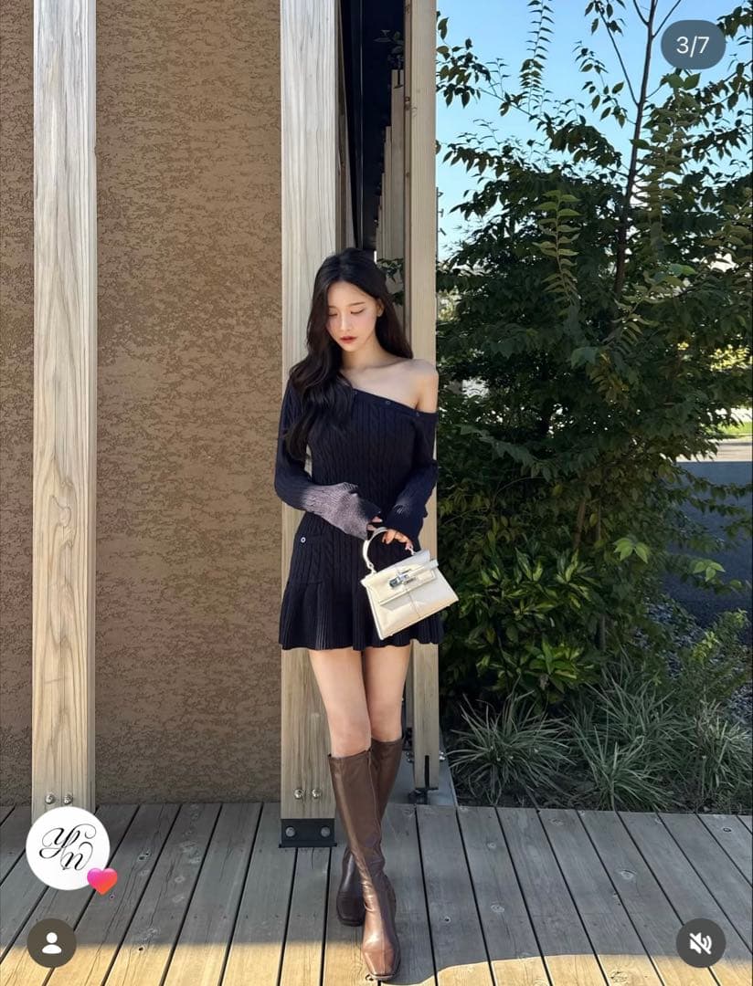 yilon イロン ワンショルダーケーブルニットワンピ ネイビー