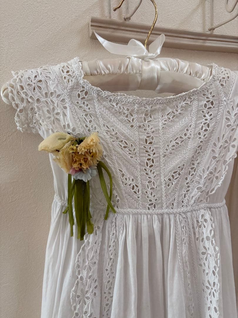 イギリスアンティーク ベビードレス レース 布花 フランスアンティーク