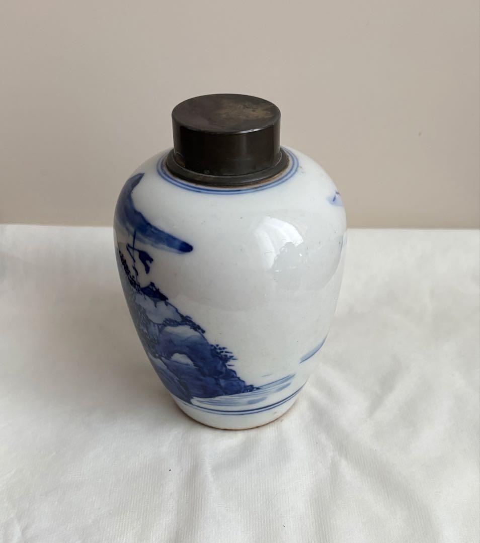青花山水文様の茶壺　染付茶入　茶心壺　 中国の伝統的な青白磁　蓋は開きません