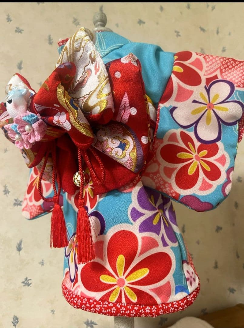 .‎˖٭*花柄水色犬用着物.‎˖٭*　犬服　犬服用お着物