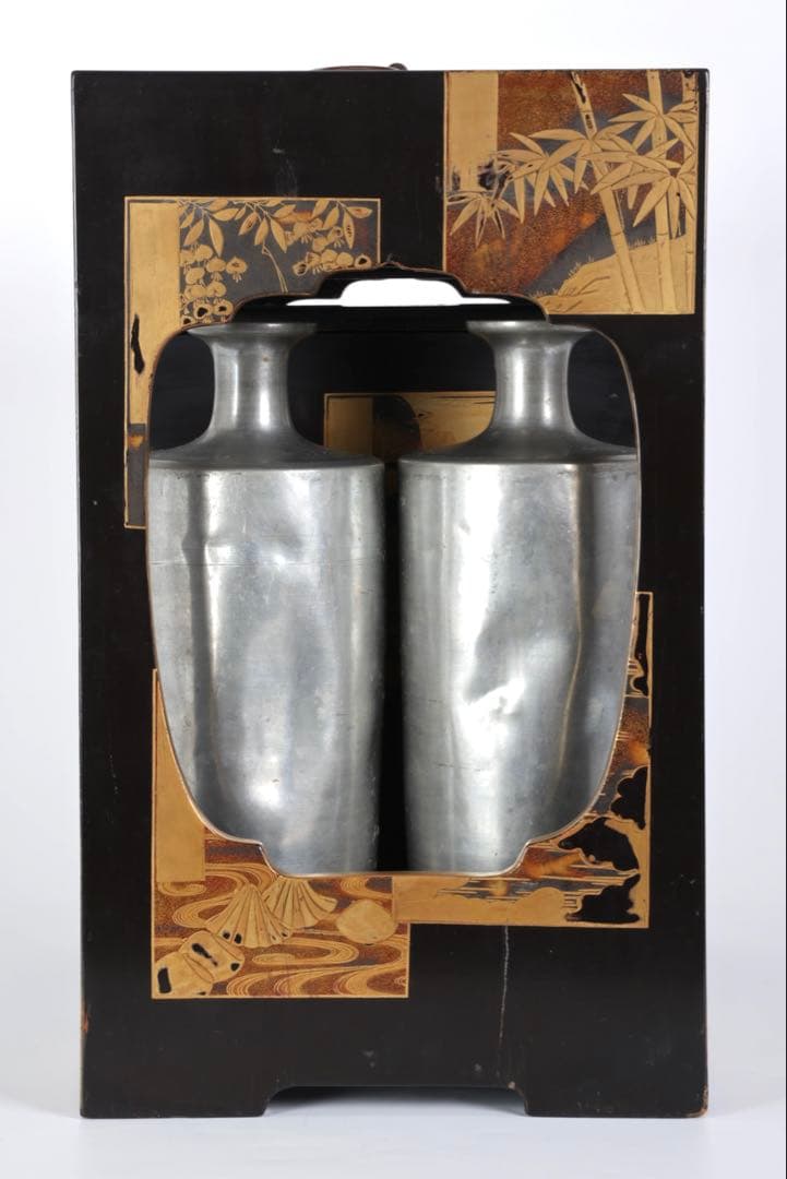 漆塗金蒔絵 野弁当 野点 花見重 重箱 錫製徳利 台付 骨董 古美術漆器 漆