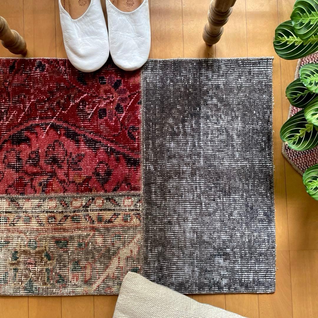 55×86 パッチワーク　グレイボタニカル　深み赤　トルコヴィンテージラグ