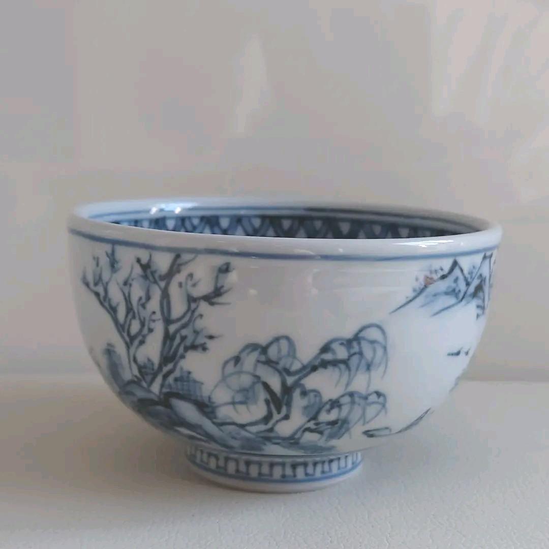 茶道具　鹿背山焼　楽土窯　福田翔作　山水染付　茶碗　共箱