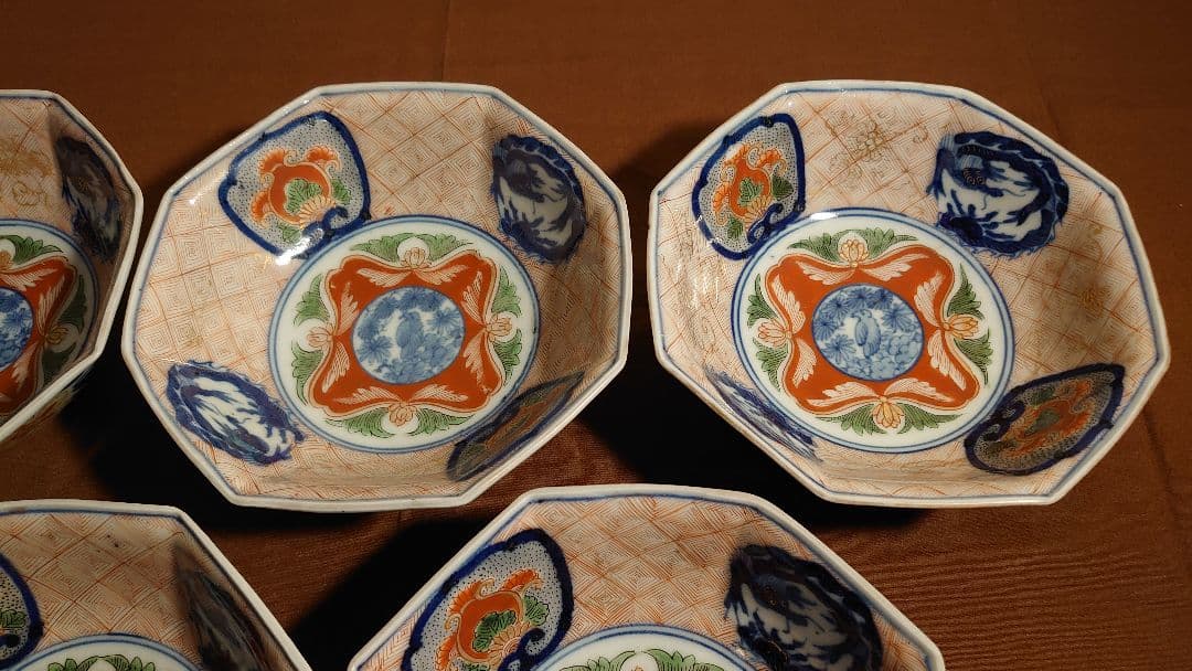 大聖寺伊万里　古伊万里　伊万里　色絵　金襴手　八角鉢　江戸期　蔵出し　５客