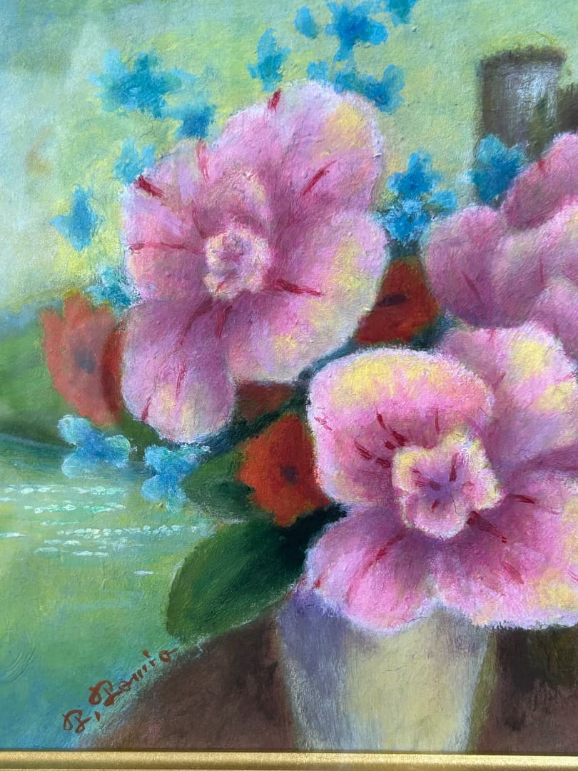 立松富雄作『花とシャトー (皐月)』(油彩)